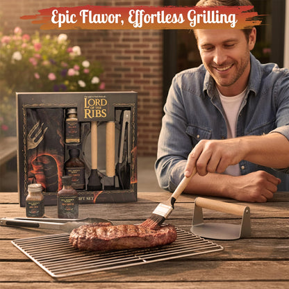 Lord of the Ribs BBQ Gift Set - Premium Grill Tools, Rub & Sauce Set with Apron