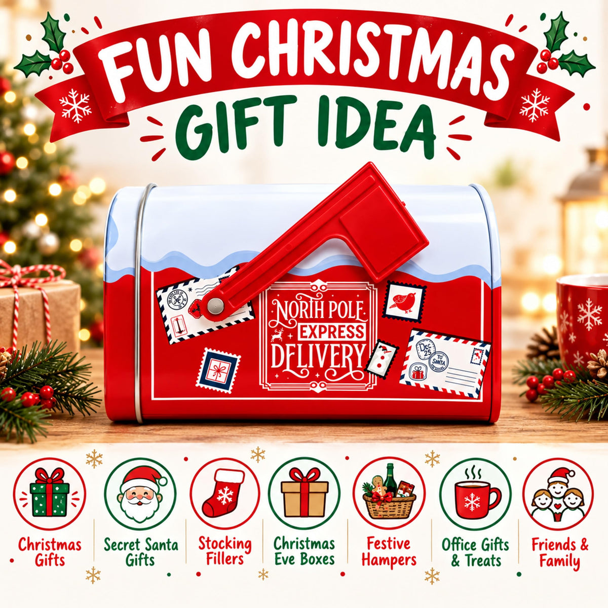 Christmas Post Box Biscuit Tin - Pole Express Delivery Mailbox Tin Filled with Shortbread Fingers 200g