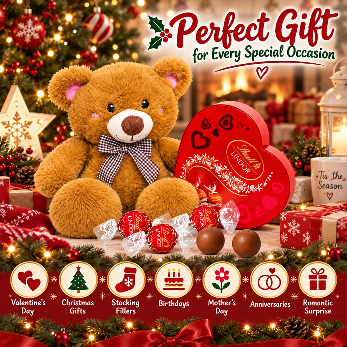 Lindt Chocolates & Teddy Hamper - Choc Heart Box with Truffles 200g + Teddy Bear
