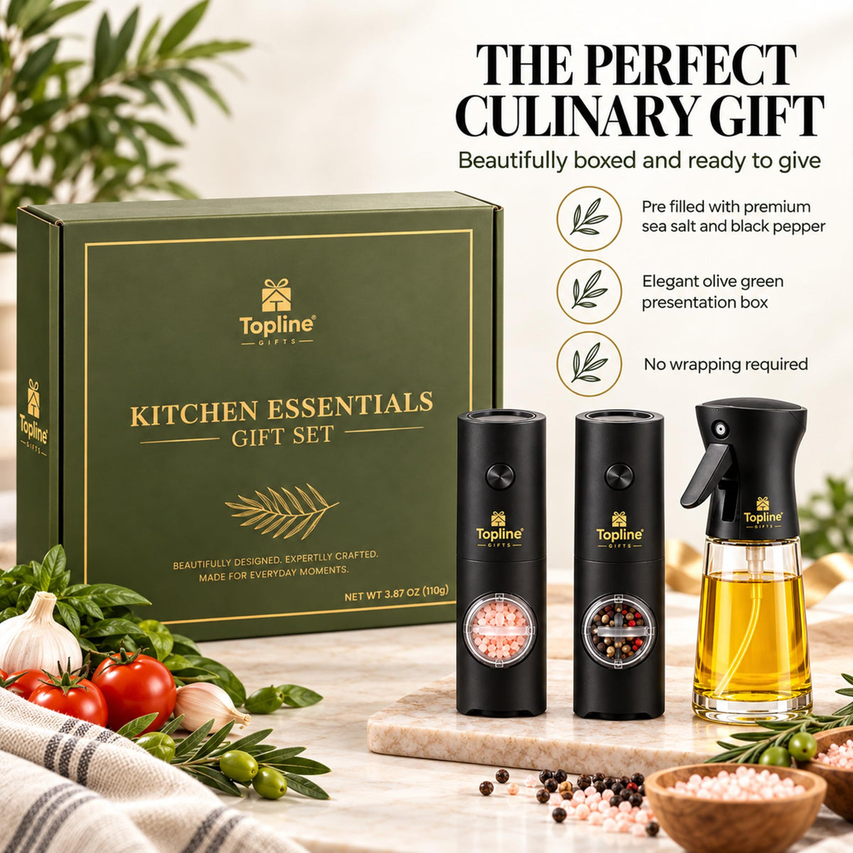 Kitchen Essentials Gift Set for Gifts – Reusable Electric Salt & Pepper Grinders with Sea Salt & Black Pepper, Glass Olive Oil Spray Bottle