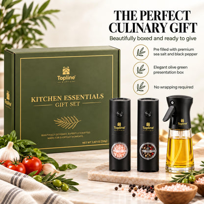 Kitchen Essentials Gift Set for Gifts – Reusable Electric Salt & Pepper Grinders with Sea Salt & Black Pepper, Glass Olive Oil Spray Bottle