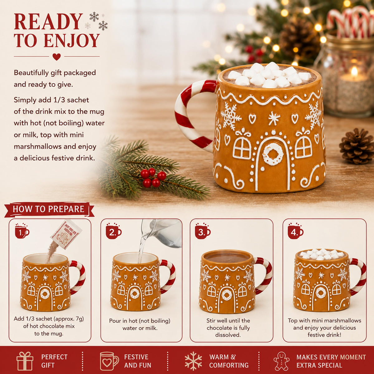 Gingerbread House Mug Hot Chocolate & Marshmallows Gift Set - Mug with 20g Cocoa Drink Mix & 12g Marshmallows