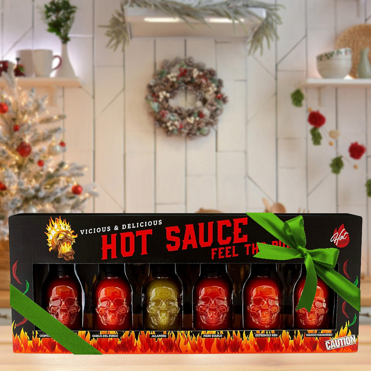 Hot Sauce Gift Set for Mens Gifts - Chilli Skull Spicy Sauce Heat Pack of 6 Different Flavour Sauce Bottle Gift