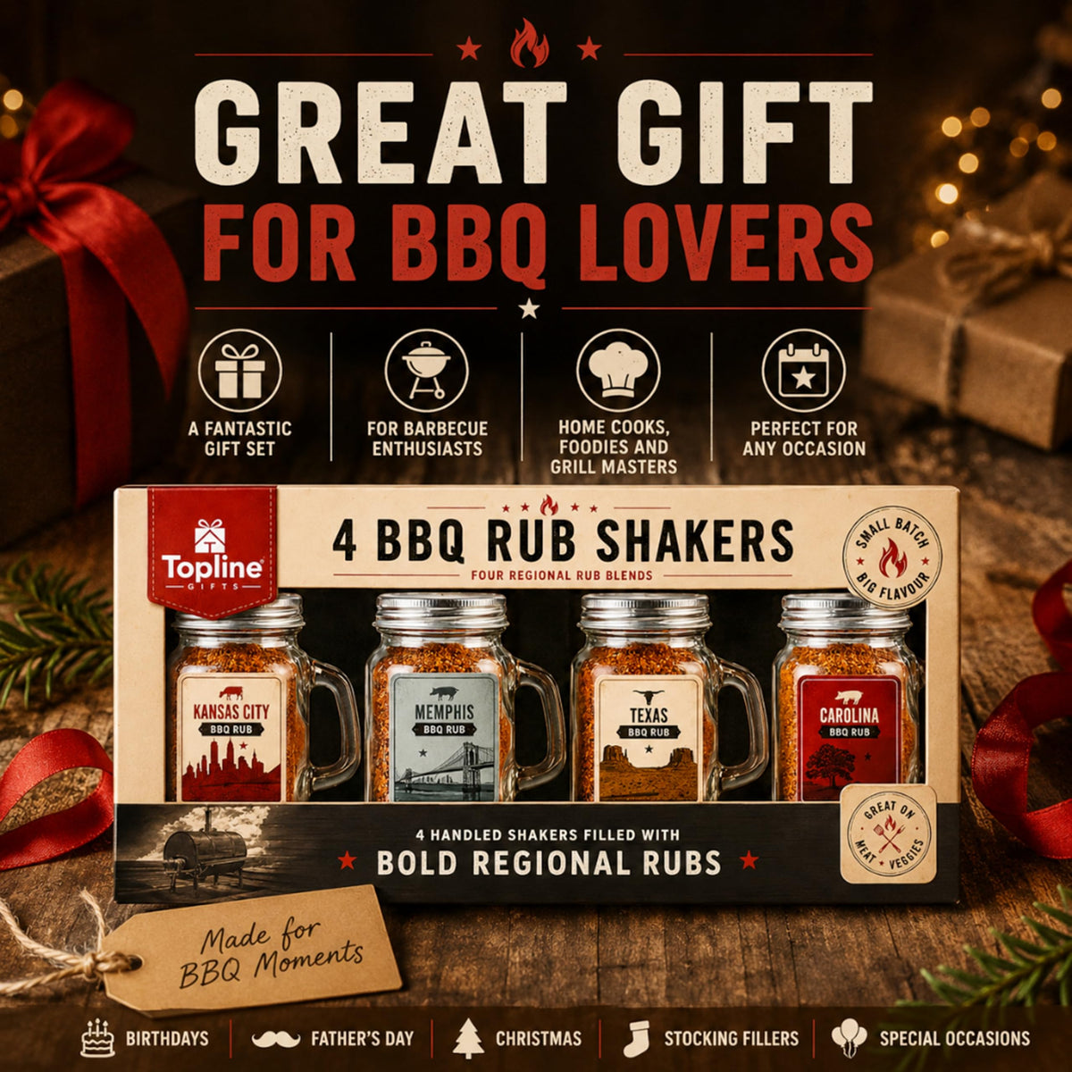 BBQ Rub Gift Set for Mens Gifts - 4 Premium American Style BBQ Seasonings with Glass Shakers