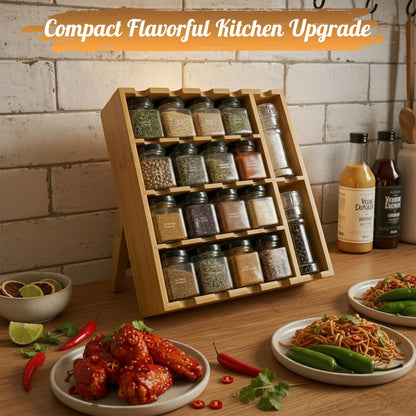 Bamboo Spice Rack Organizer with Glass Jars, Grinders & Spices Included