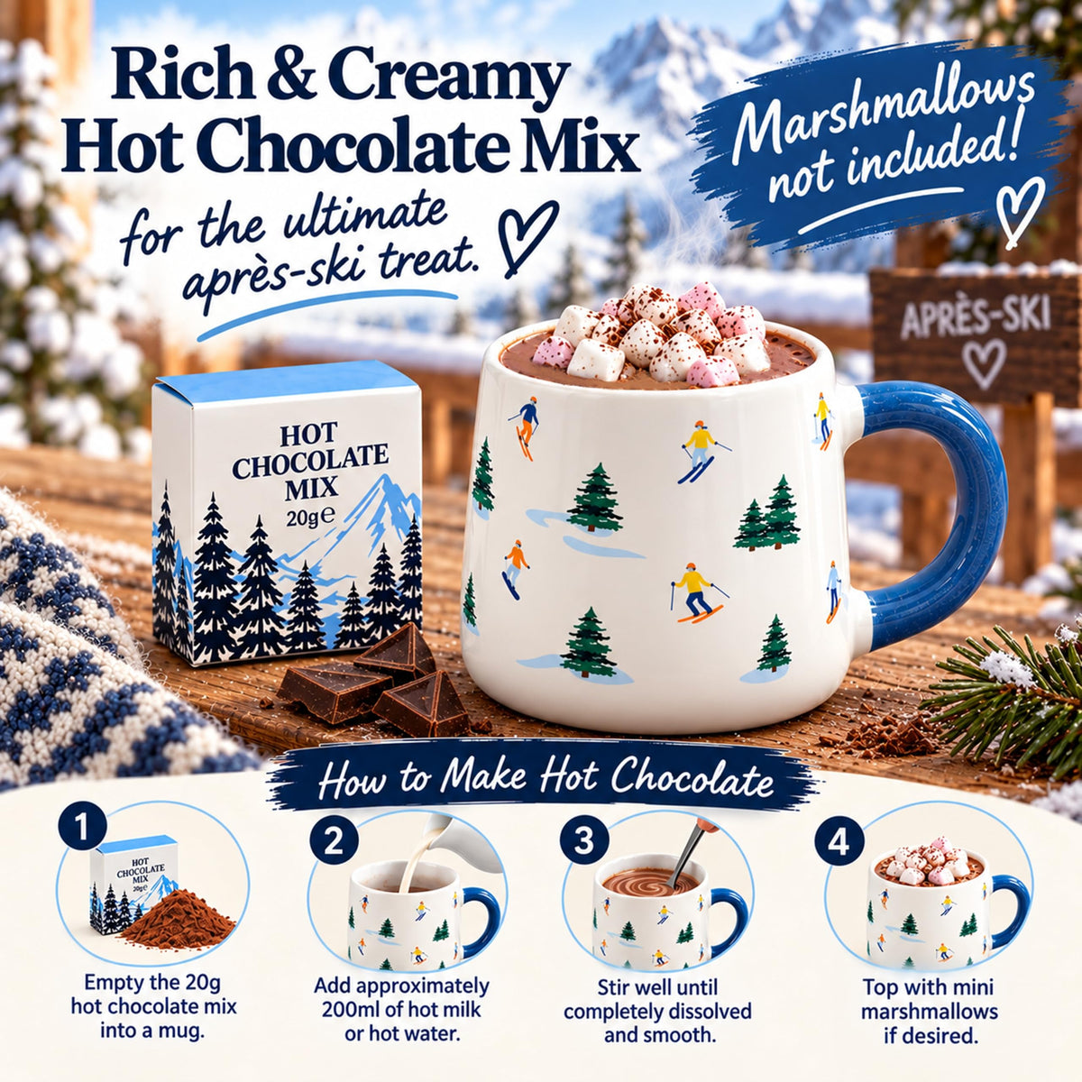 Topline Cozy Skiing Gift Set for Men - Ski Red Knitted Beanie Hat, Ceramic Mug, Cozy Socks & 20g Double Hot Chocolate Mix