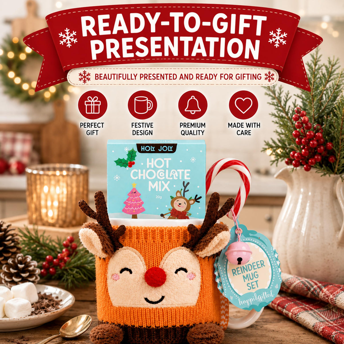 Deer Cosy Mug & Hot Chocolate Gift Set - Ceramic Mug with Cosy Deer Cover & more
