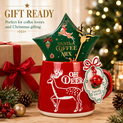Coffee & Mug Gift Set for Christmas - Ceramic Red Reindeer Mug, Vanilla Coffee Mix 20g & Golden Spoon