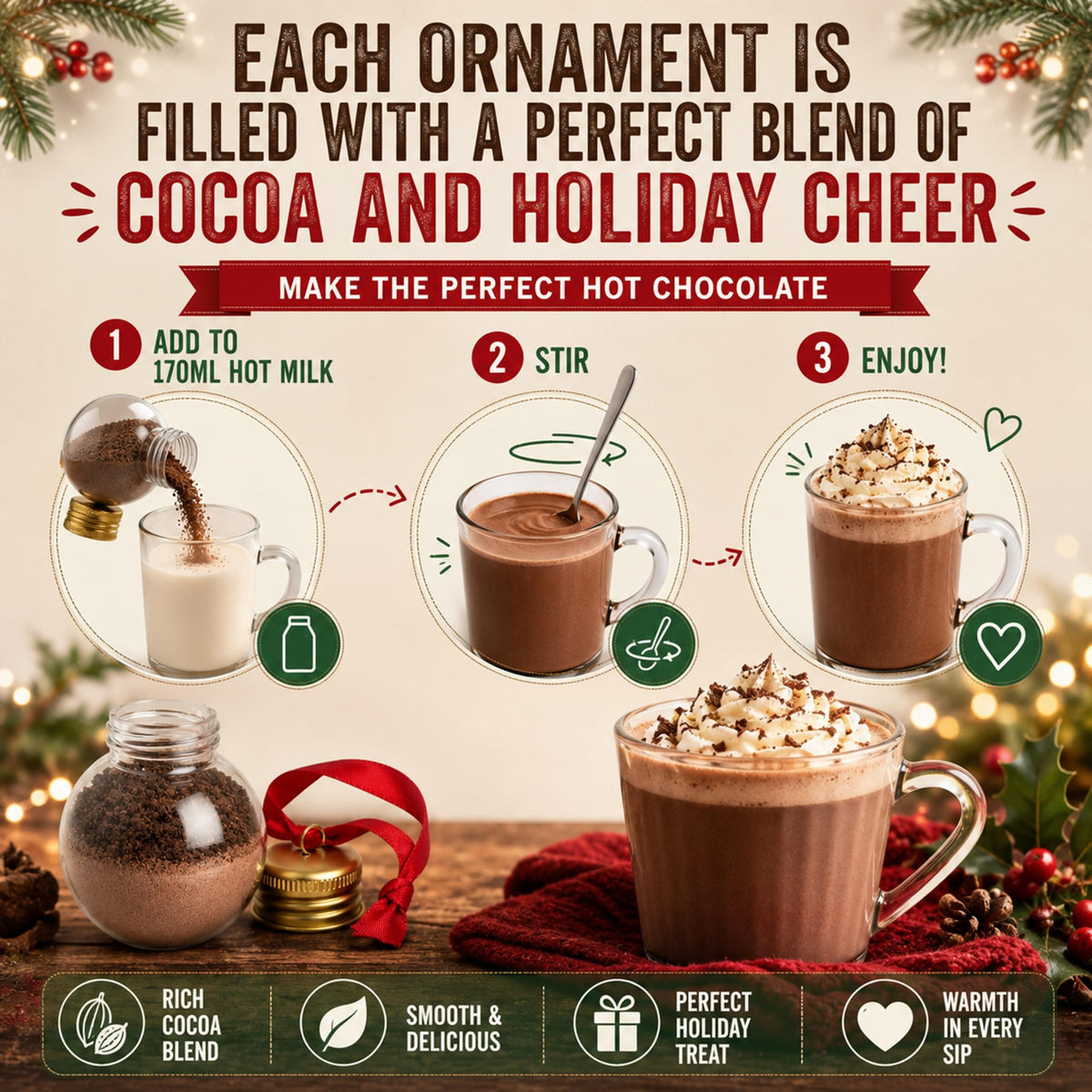 Hot Chocolate Gift Set for Christmas – Christmas Tree Design 5 Festive Cocoa Mix Baubles with Marshmallows & more
