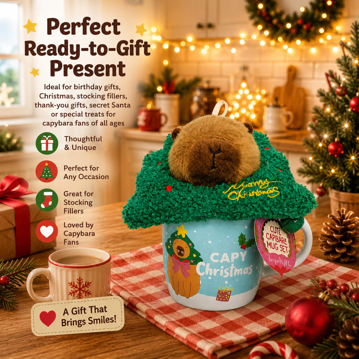 Capybara Christmas Gift Set for Kids - Ceramic Capybara Mug with Soft Plush Toy, 30g Jelly Beans & more