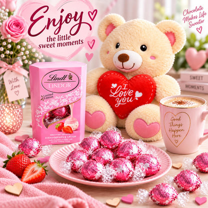 Lindt Chocolates & Teddy Hamper - Strawberry & Cream Truffles 200g + Teddy Bear