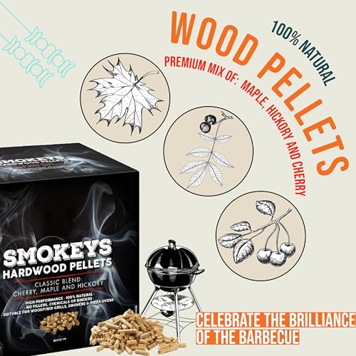 Premium Smokey's BBQ Hardwood Pellets - 9 kg Box of 100% Natural Classic Blend Cherry, Maple & Hickory Wood Pellets with Topline Card for Woodfire Grills, Smokers & BBQ Charcoal, Pizza Oven