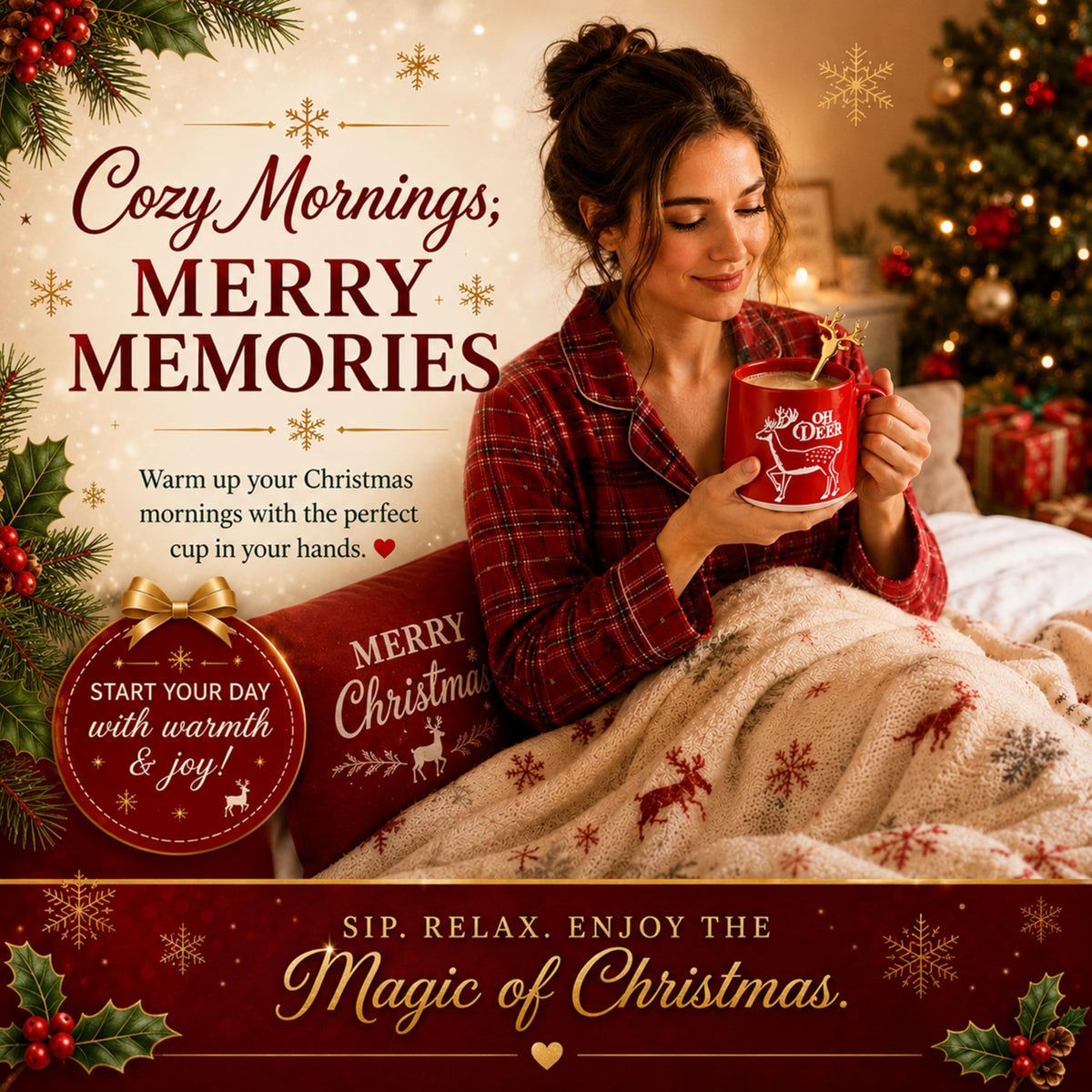 Coffee & Mug Gift Set for Christmas - Ceramic Red Reindeer Mug, Vanilla Coffee Mix 20g & Golden Spoon