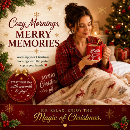 Coffee & Mug Gift Set for Christmas - Ceramic Red Reindeer Mug, Vanilla Coffee Mix 20g & Golden Spoon