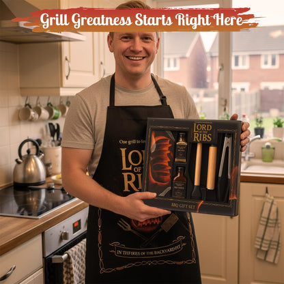 Lord of the Ribs BBQ Gift Set - Premium Grill Tools, Rub & Sauce Set with Apron