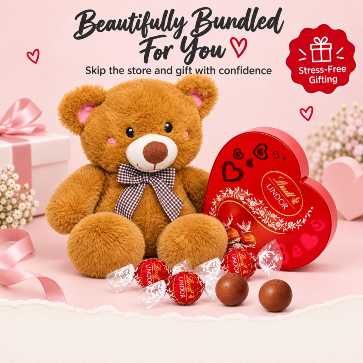 Lindt Chocolates & Teddy Hamper - Choc Heart Box with Truffles 200g + Teddy Bear