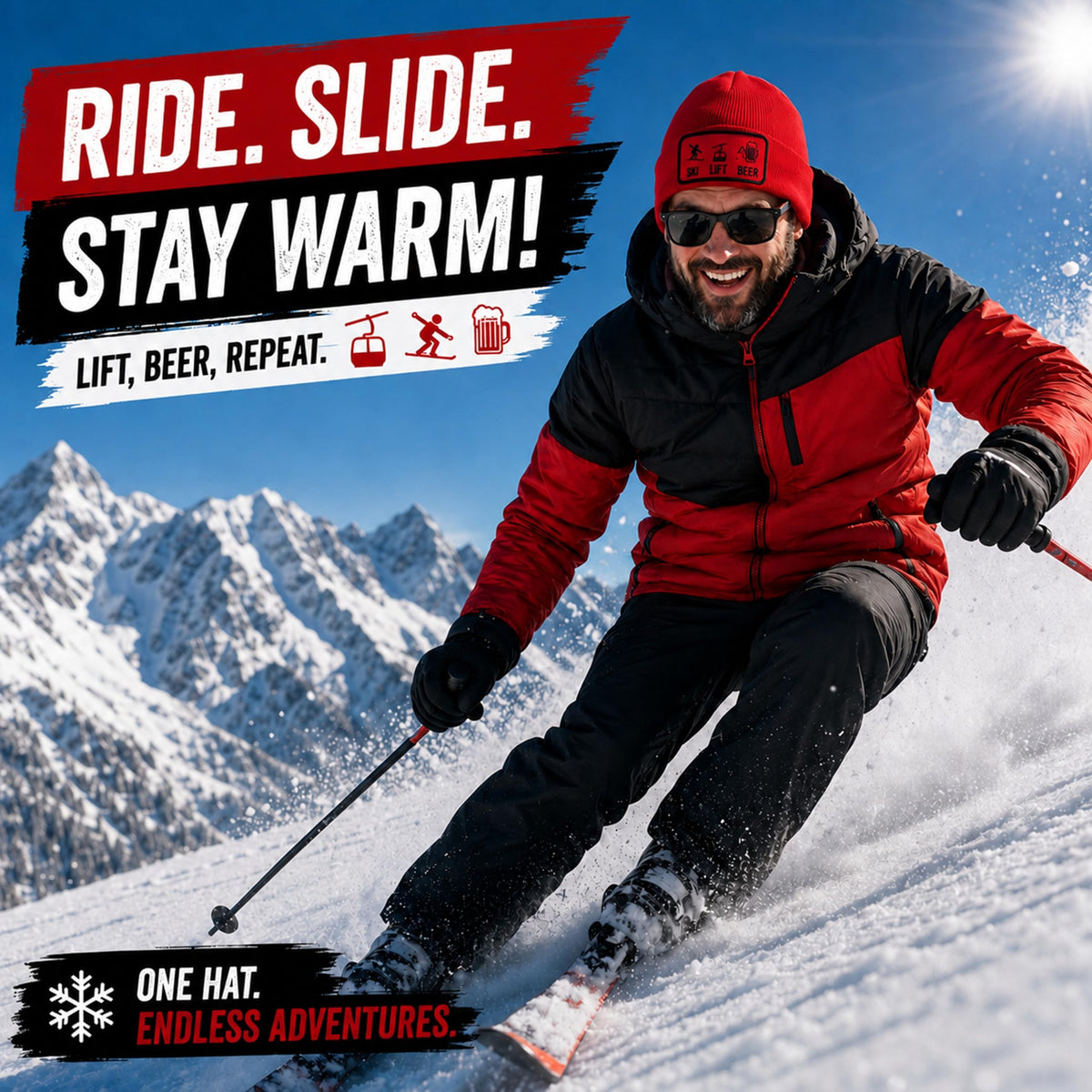 Topline Cozy Skiing Gift Set for Men - Ski Red Knitted Beanie Hat, Ceramic Mug, Cozy Socks & 20g Double Hot Chocolate Mix