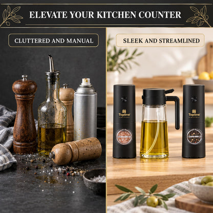 Kitchen Essentials Gift Set for Gifts – Reusable Electric Salt & Pepper Grinders with Sea Salt & Black Pepper, Glass Olive Oil Spray Bottle