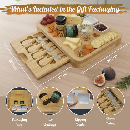 Cheese Board Serving Gift Set with Chilli Lime 38g & Apple Mango 38g Chutneys, Cheeseboard & Dipping Bowls