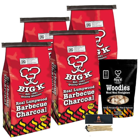 Big K BBQ Grill Charcoal Bulk - Pack of 4 x 5kg Real Lumpwood Charcoal Bags & 300g Woodies Wood Wool Natural Firelighters with Topline Long Matches for Outdoor Barbeque, Fire Pit, Camping BBQs.