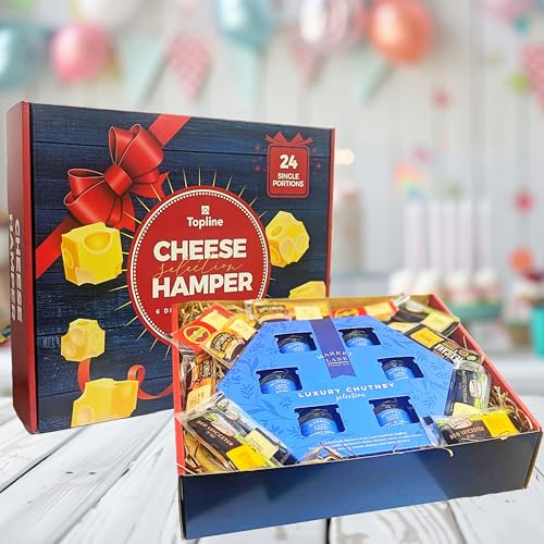 TOPLINE Luxury Cheese Selection of 6 Different Cheese Board Varieties & 6 Chutney's Gift Set for Him and Her | 24 Ilchester Cheese Individually Wrapped Portions & Hampton's Chutneys Cheese Hamper