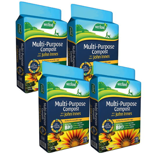 Westland Multipurpose Garden Plant Compost - Peat Free Multi-Purpose Compost with John Innes 4 x 10L Garden Soil Bags for Indoor & Outdoor House Plants, Vegetable Growing. Comes with Topline Card.