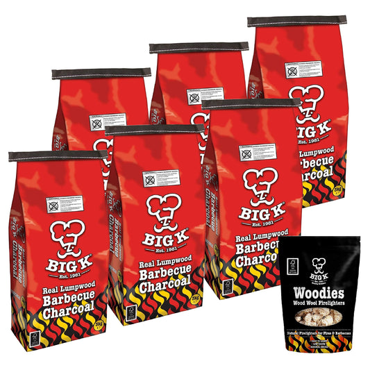 Big K Barbecue Grill Charcoal 6x3kg Lumpwood + Woodies Firelighters 300g