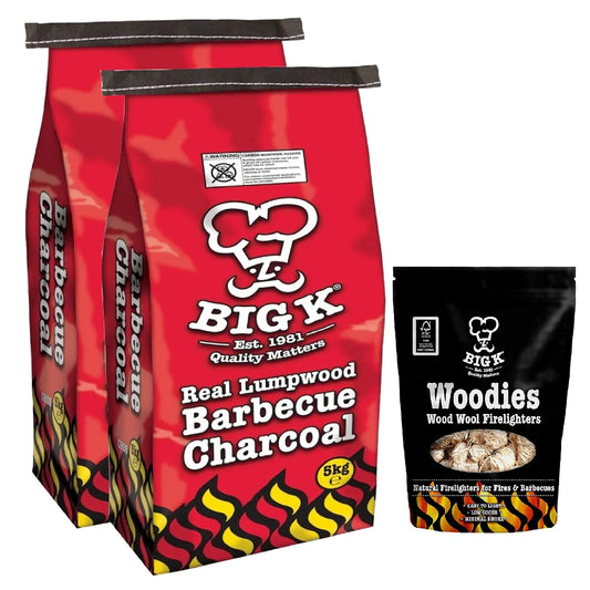 Big K BBQ Grill Charcoal Bulk - Pack of 2 x 5kg Real Lumpwood Charcoal Bags & 300g Woodies Wood Wool Natural Firelighters with Topline Card for Outdoor Barbeque, Fire Pit, Camping BBQs.