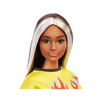 Barbie Fashionistas Doll #179, Curvy, Long Highlighted Hair & Flame Crop Top, Checkered Skirt, Sneakers & Sunglasses, Toy For Kids 3+