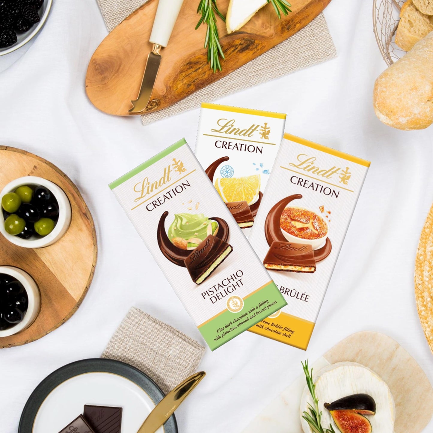 Lindt Creation Dessert Chocolate Bar Pack – 3 x 150g (Pistachio Delight, Delicate Crème Brûlée & Refreshing Lemon)