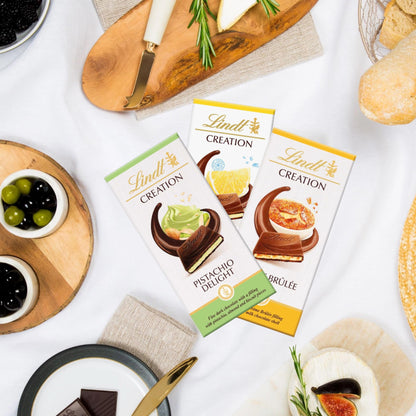 Lindt Creation Dessert Chocolate Bar Pack – 3 x 150g (Pistachio Delight, Delicate Crème Brûlée & Refreshing Lemon)