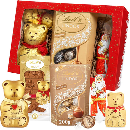 Lindt Chocolates Hamper Gift Box – Assorted 500g Chocolates Gift Box with Irish Cream Truffles, Milk Teddy Bar, Golden Teddy, Santa & Samll Teddy – Secret Santa Christmas Gift Stocking Fillers