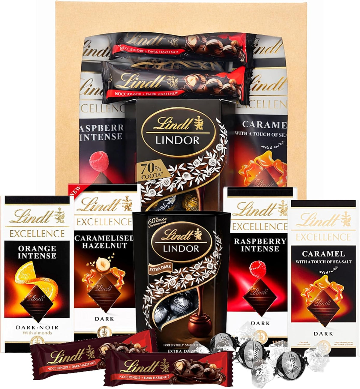 Dark Lindt Chocolates Hamper for Birthday Gifts -  x 100g Caramel, Orange, Raspberry & Hazelnut Flavour Chocolate Bars, Truffles 200g & 2x35g Hazelnut Bars