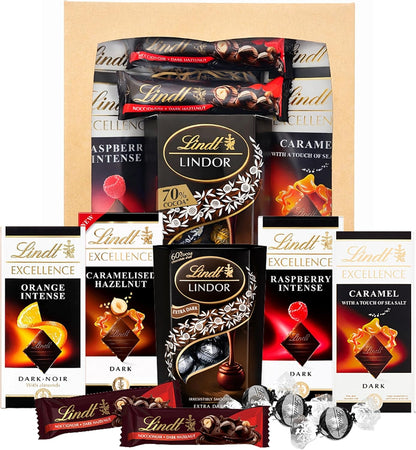 Dark Lindt Chocolates Hamper for Birthday Gifts -  x 100g Caramel, Orange, Raspberry & Hazelnut Flavour Chocolate Bars, Truffles 200g & 2x35g Hazelnut Bars
