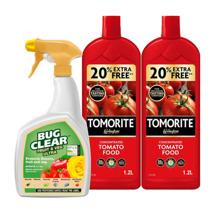 Tomato Plant Food Growing Fertilizer - Bundle of 2 x 1.2L Tomato Feed Concentrated Liquid Enriched Seaweed Fertiliser & 800ml Bug Clear Controller for Fruit and Vegetable Plants with Topline Card