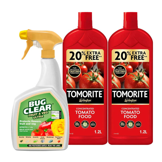 Tomato Plant Food Growing Fertilizer - Bundle of 2 x 1.2L Tomato Feed Concentrated Liquid Enriched Seaweed Fertiliser & 800ml Bug Clear Controller for Fruit and Vegetable Plants with Topline Card