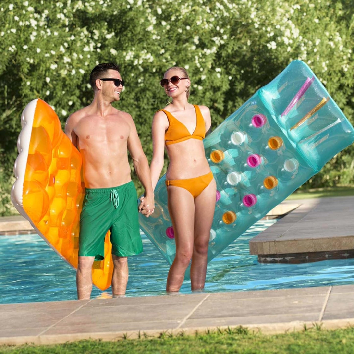 Sun Lounger Float Pool Inflatables - Blue & Yellow Pool Float Inflatable Mattress Air Bed with Built in Pillow & Heavy Duty Patch Repair Kit. Water Hammock with Topline Card for Swimming Pool