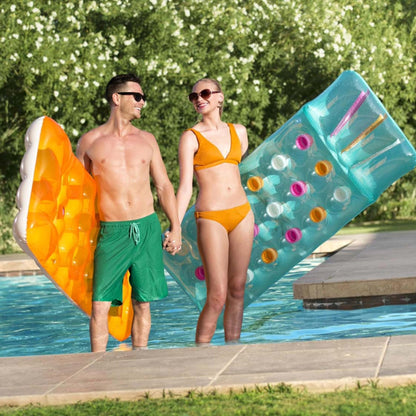 Sun Lounger Float Pool Inflatables - Blue & Yellow Pool Float Inflatable Mattress Air Bed with Built in Pillow & Heavy Duty Patch Repair Kit. Water Hammock with Topline Card for Swimming Pool
