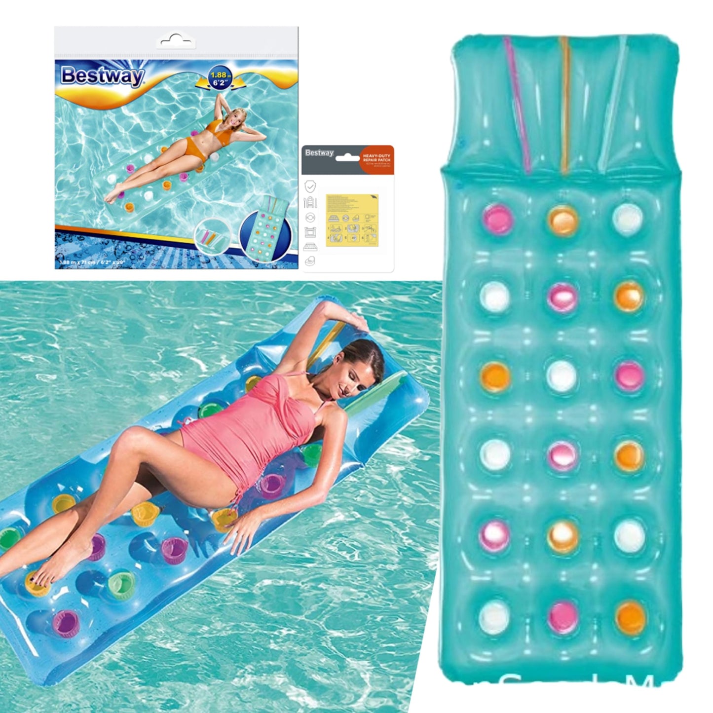 Sun Lounger Float Pool Inflatables - Blue Pool Float Air Bed Inflatable Mattress with Built in Pillow & Heavy Duty Patch Repair Kit. Water Hammock with Topline Card for Swimming Pool, Beach Games
