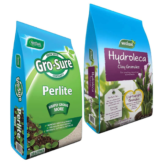 Perlite & Hydroleca Houseplant Growing Bundle - Lightweight Hydroleca Ceramic Clay Granules 10L & Gro-Sure Perlite 10l Potting Mix with Topline Card for Garden Plants, Vegetables, Orchids and more..