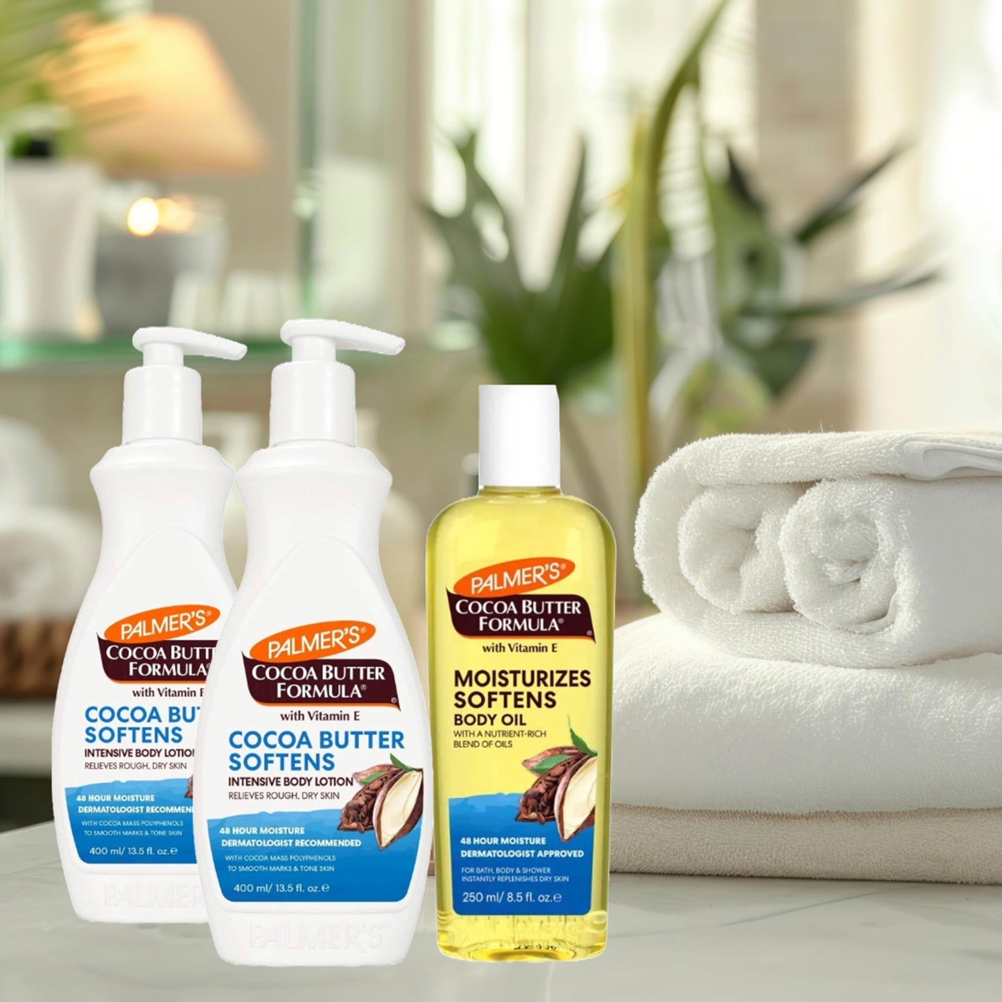 Cocoa Butter & Oil Skin Care Bundle - 2 x 400ml Intensive Cocoa Butter Moisturiser Body Lotion & 1 x 250ml Body Oil with Vitamin E. 48 Hour Body Moisturiser Massage Oil for Women with Topline Card