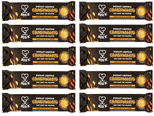 BIG-K Instant Light Crackle Fire Logs Burns for Up to 3 Hours 10 Pack Fire Logs Defra Approved Smoke-Free, Perfect for use in campfires, chimineas, fire pits, wood burners, and open fireplaces