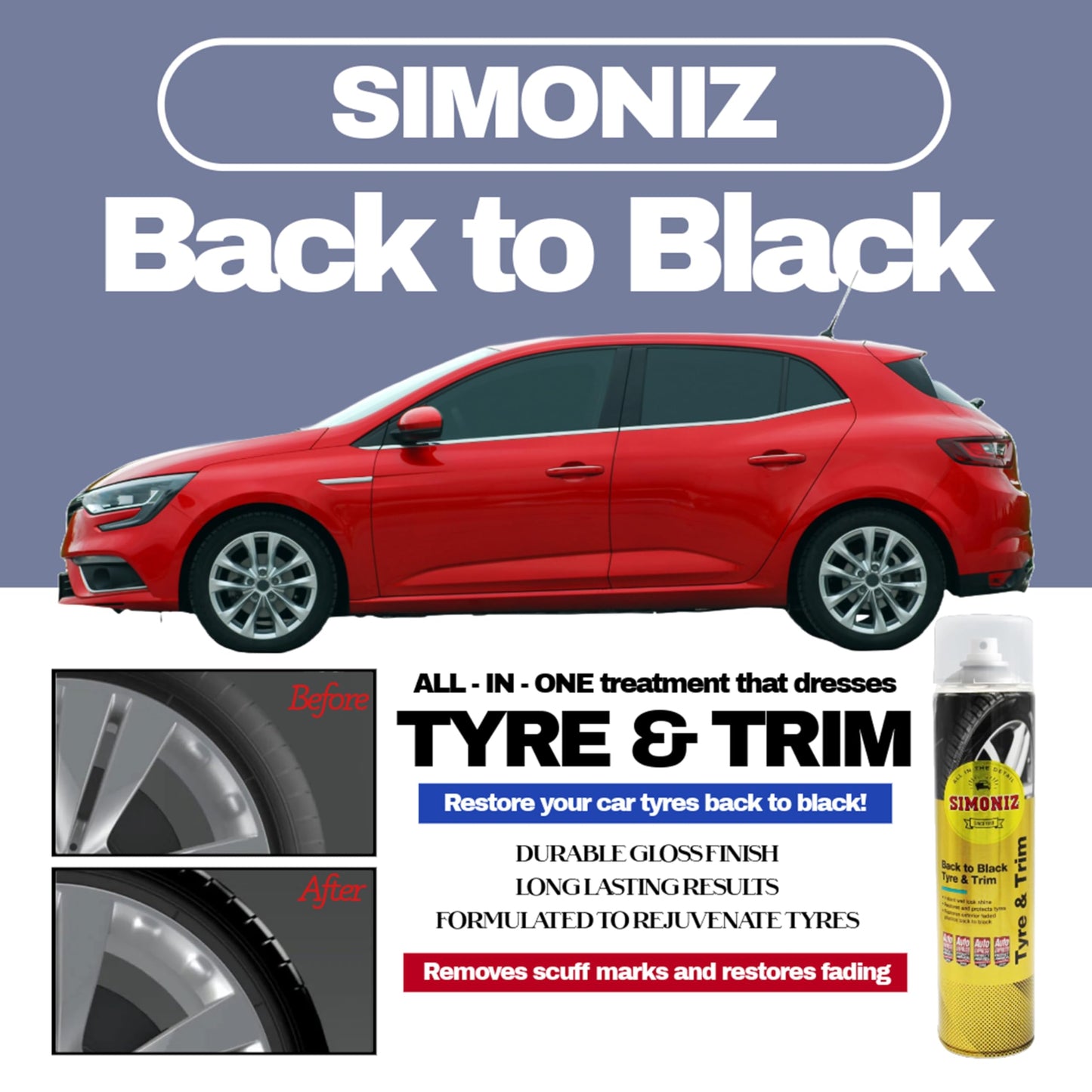 Car Shampoo & Tyre Shine Bundle - Simoniz Dual Action Car Wash Shampoo with Carnauba Wax 5L, Back to Black Tyre Shine Spray 600ml & Large Foam Sponge for Intensive Long Lasting Cleaning with Card