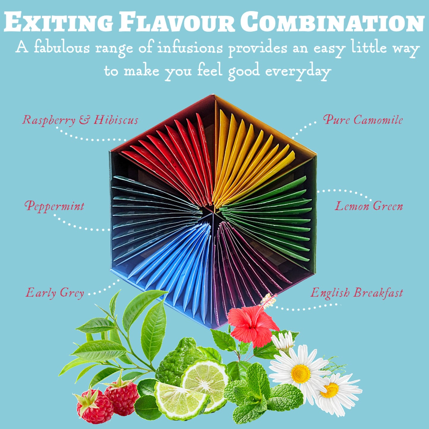 Assorted Tea Gift Set Hamper Box - 60 Individually Wrapped Bags Selection of Fruit Hibiscus English Breakfast Herbal Green Aromas. Afternoon Tea Gift for Mothers Day