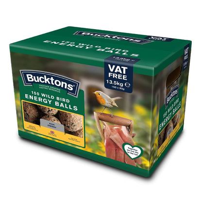 Bucktons High Energy Fat Balls - Box of 150 x 90g Boost Natural Suet Food for Wild Garden Birds. Great for Ground Feeder, Bird Tables. Comes with Topline Card.