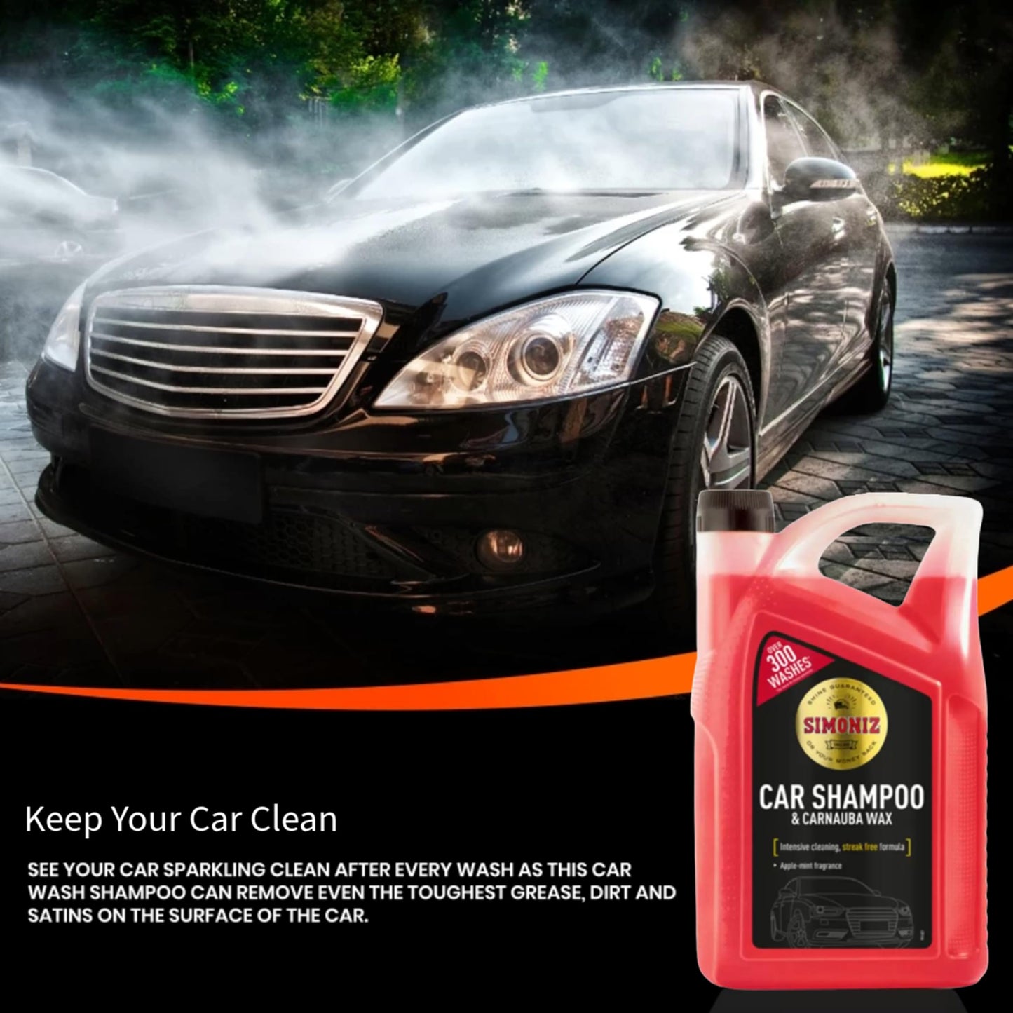 Car Shampoo & Tyre Shine Bundle - Simoniz Dual Action Car Wash Shampoo with Carnauba Wax 5L, Back to Black Tyre Shine Spray 600ml & Large Foam Sponge for Intensive Long Lasting Cleaning with Card