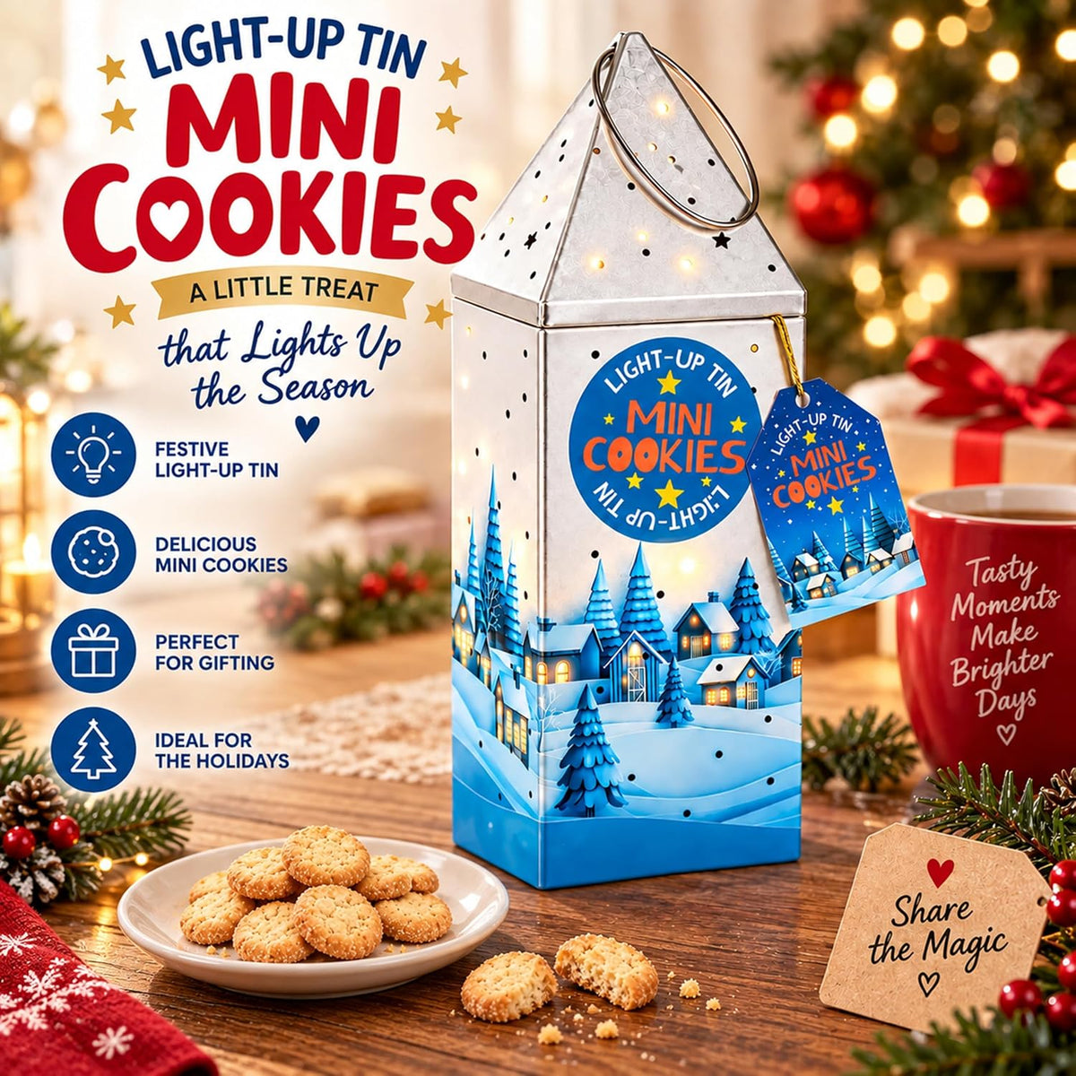 Light Up Christmas Lantern Tin with Mini Cookies – Decorative LED Biscuit Tin