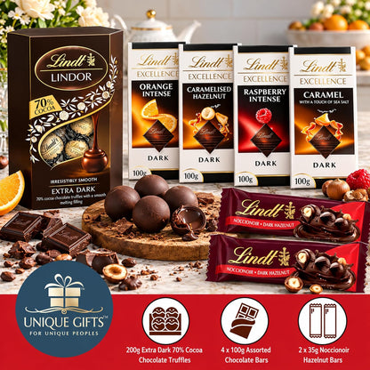 Dark Lindt Chocolates Hamper for Birthday Gifts -  x 100g Caramel, Orange, Raspberry & Hazelnut Flavour Chocolate Bars, Truffles 200g & 2x35g Hazelnut Bars