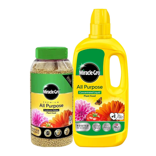 Miracle Gro Plant Food Bundle - 900g Slow Release 6 Month Plant Feed Granules & 800ml Concentrated Liquid Plant Food. All Purpose Garden Fertilizer for Outdoor & Indoor House Plants with Topline Card