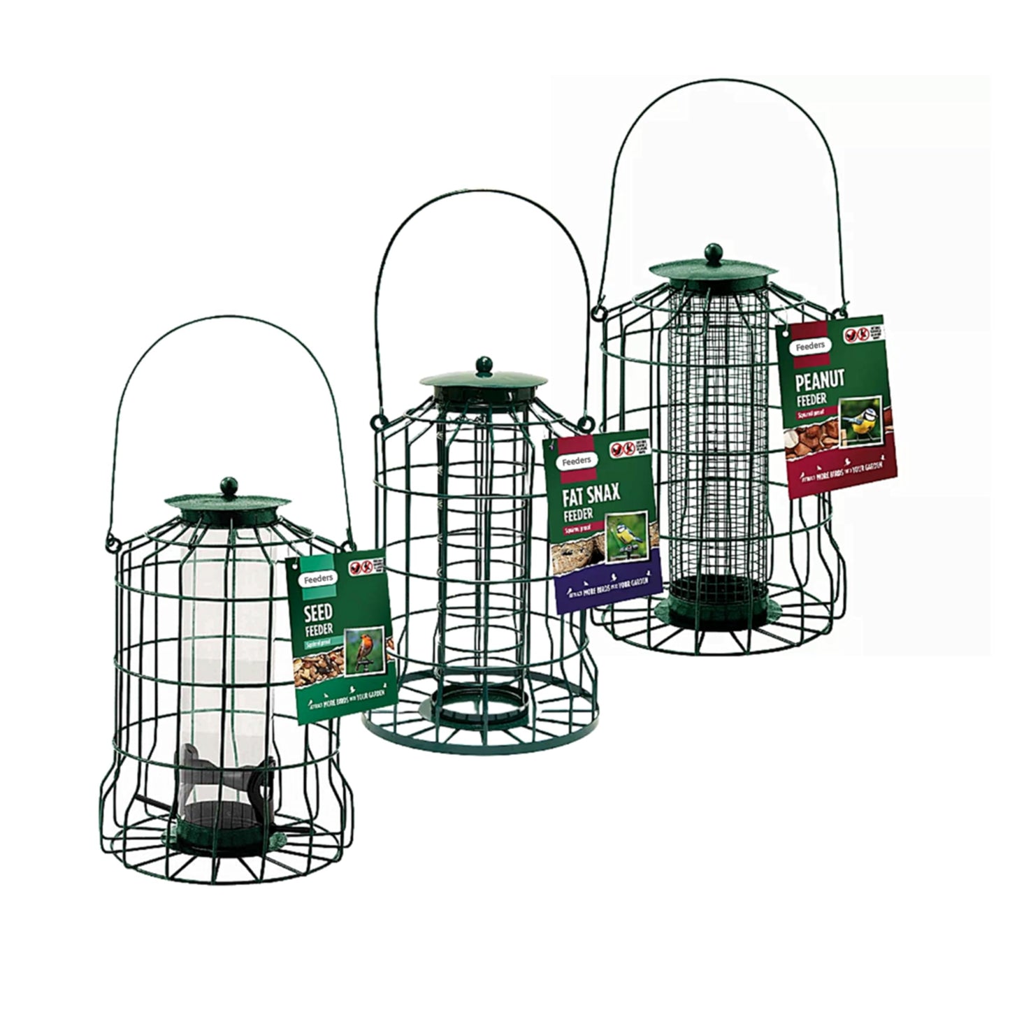 Squirrel Proof Bird Feeders Bundle 3x Green Plastic Wire Cage for Fat Balls, Peanuts & Seeds